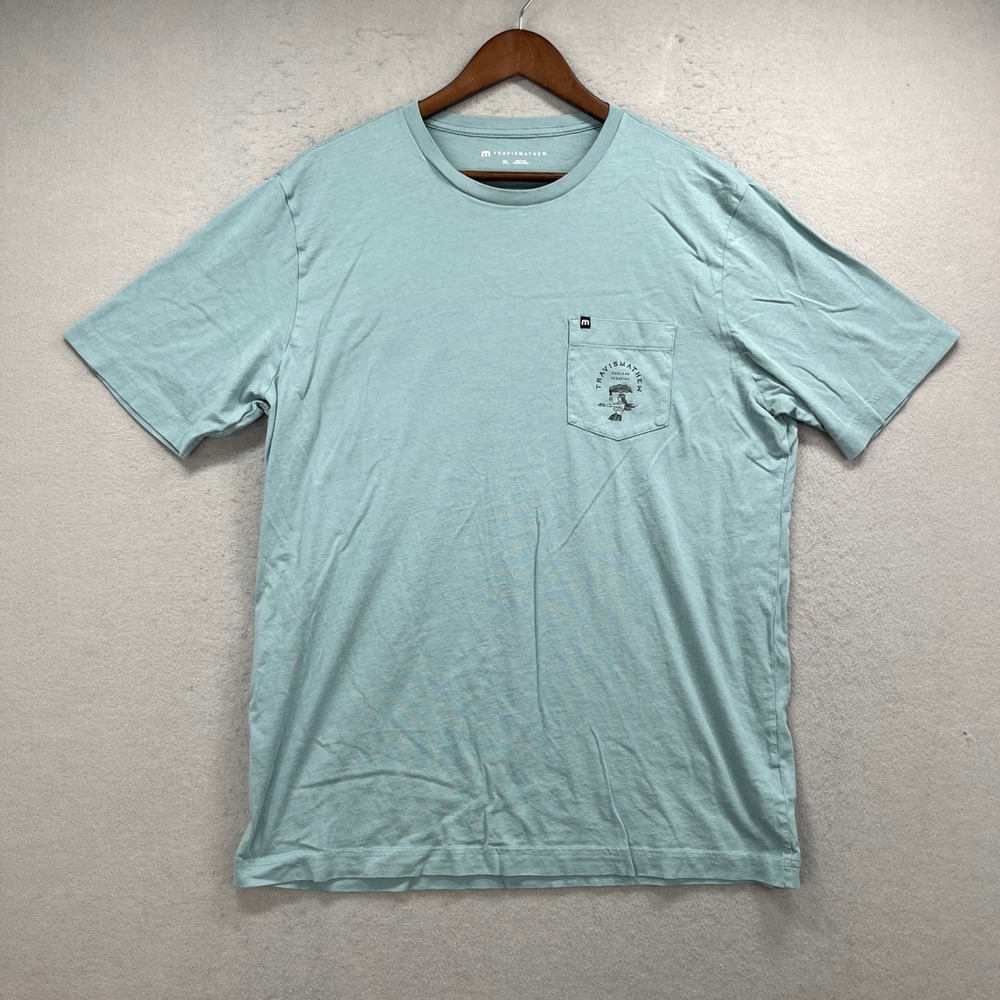 Travis Mathew T-Shirt Mens XL Blue Endless Vacation Hula Girl Graphic Pocket Tee